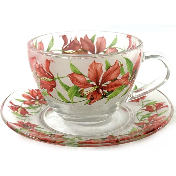 Briliant Other - Briliant Indonesia Frosted Glass Teacup & Saucer Red Lily Floral Vintage